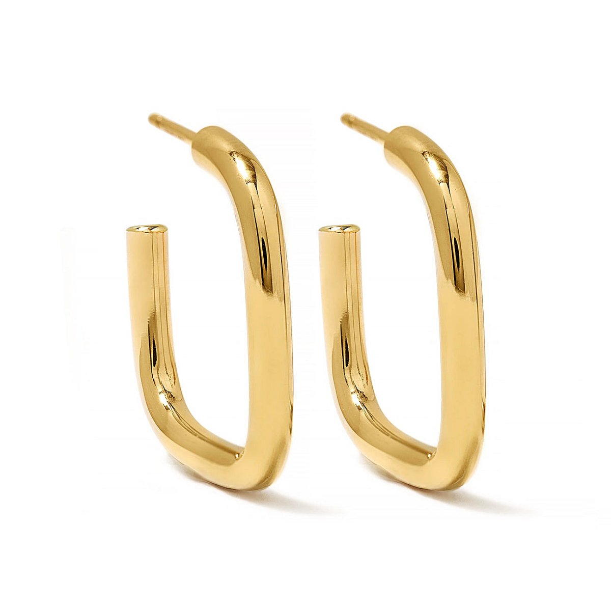 Pair of 14K gold elongated oval square hoop earrings with post backs, on a white background