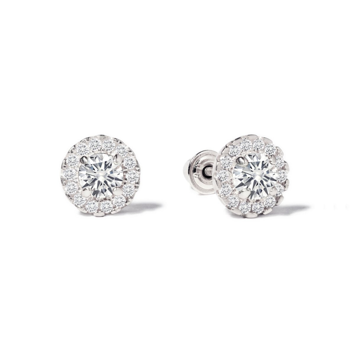 14K white gold halo studs with a central clear stone and pavé halo, on a white background