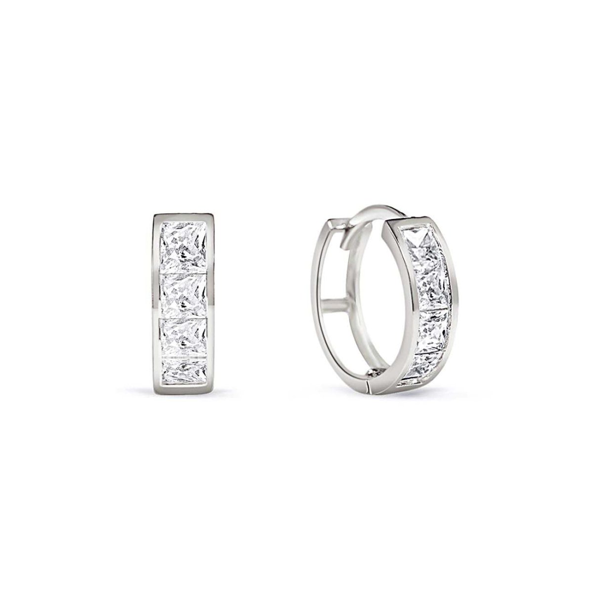 14K white gold princess-cut huggie hoops set with clear white zirconia, on a white background
