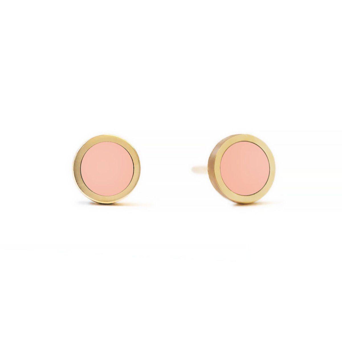 14K gold round bezel studs with pale pink rose quartz inlay, on a white background