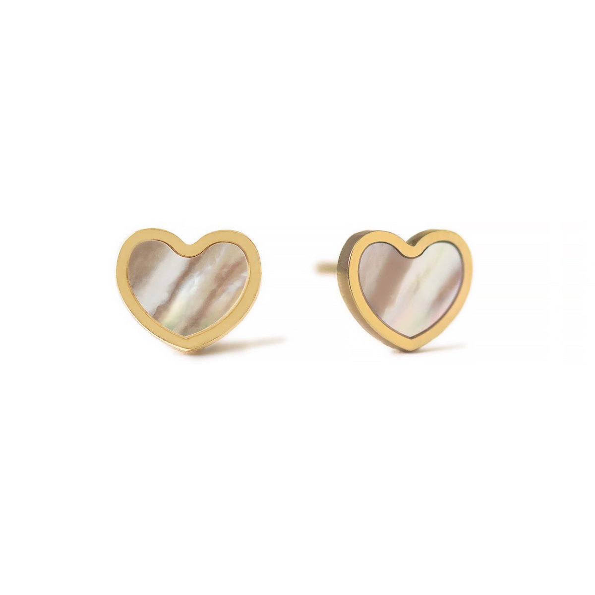 Pair of 14K gold heart studs with mother of pearl inlay, on a white background