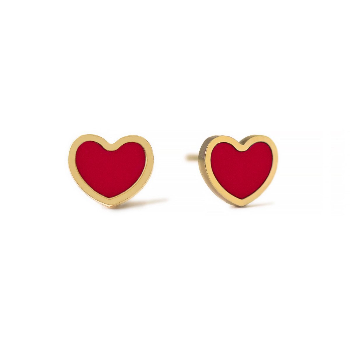 Pair of 14K gold heart stud earrings with red carnelian inlay, on a white background
