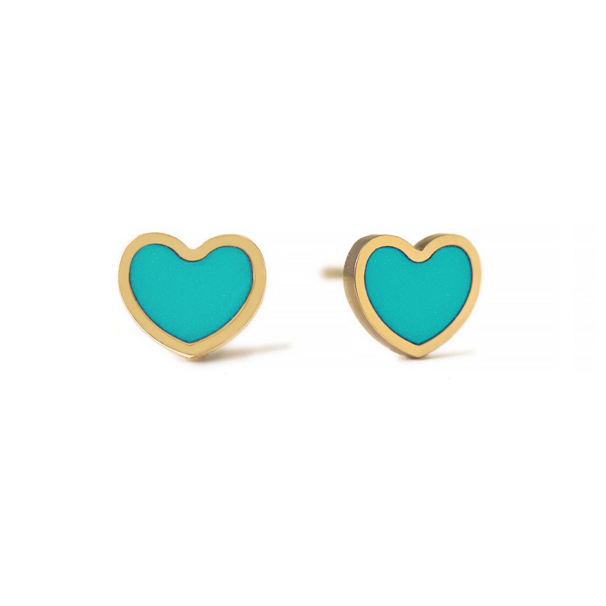 Pair of 14K gold heart studs with turquoise centers, on a white background
