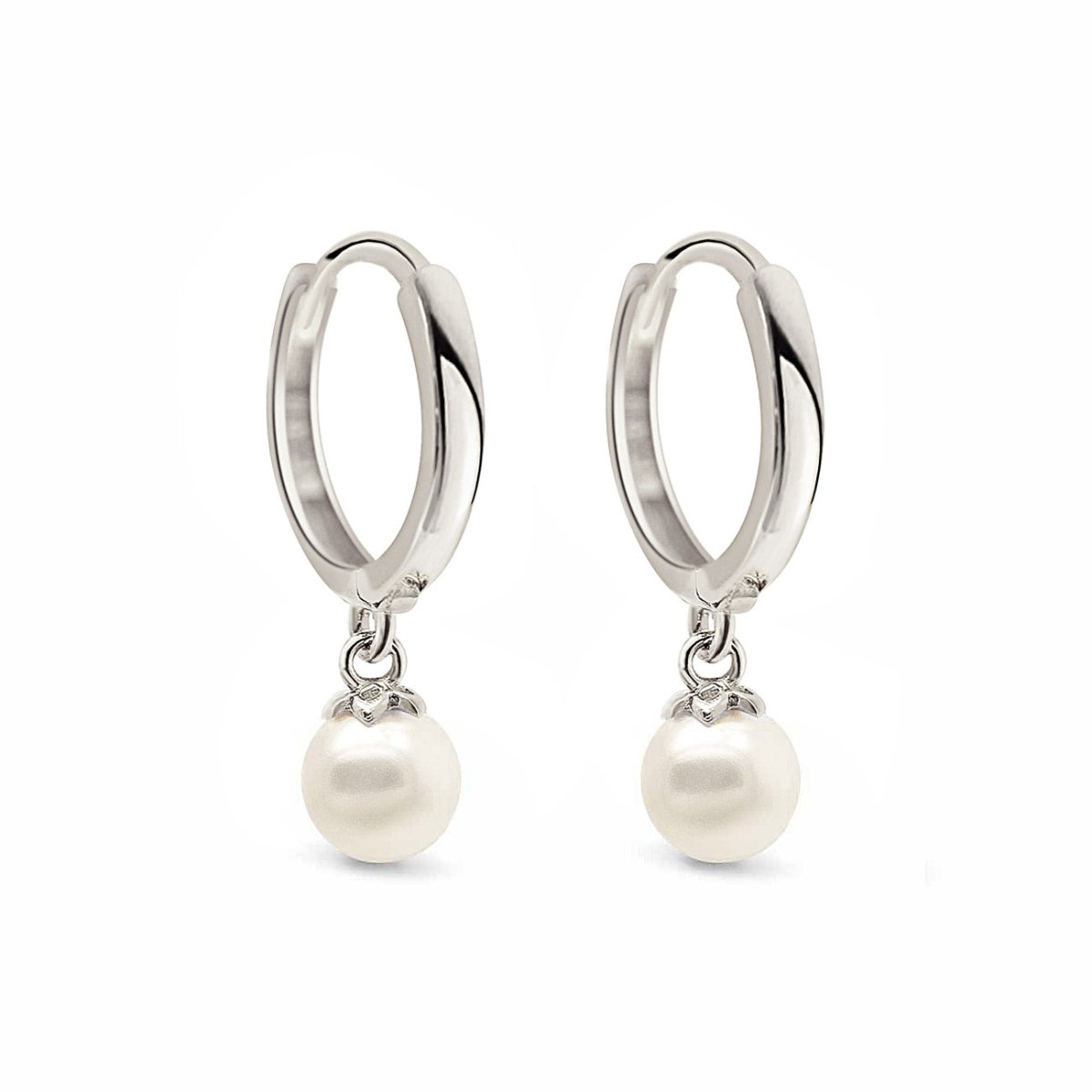 14K white gold huggie hoop earrings with a dangling pearl drop, on a white background