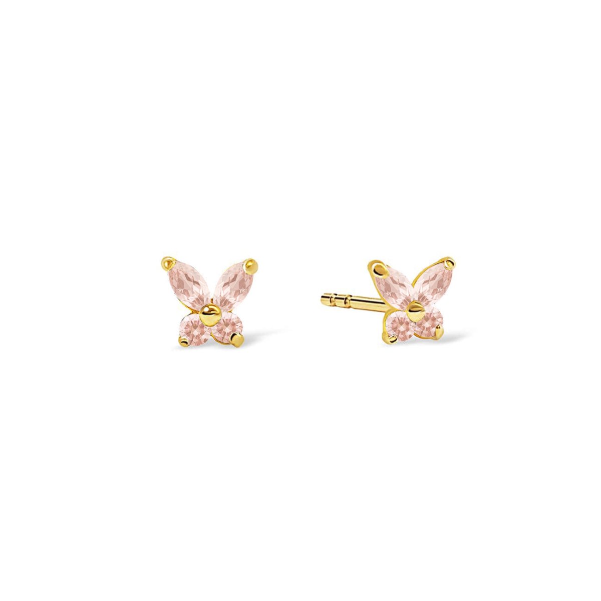 14K gold pink sapphire butterfly studs with soft pink stones, on a white background