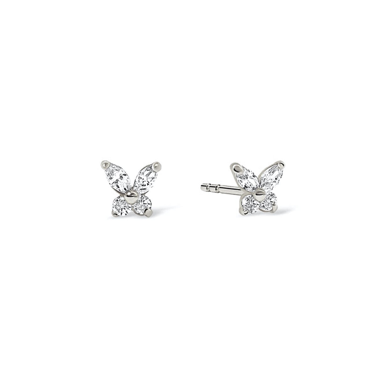 Pair of 14K white gold butterfly studs with clear marquise stones, on a white background