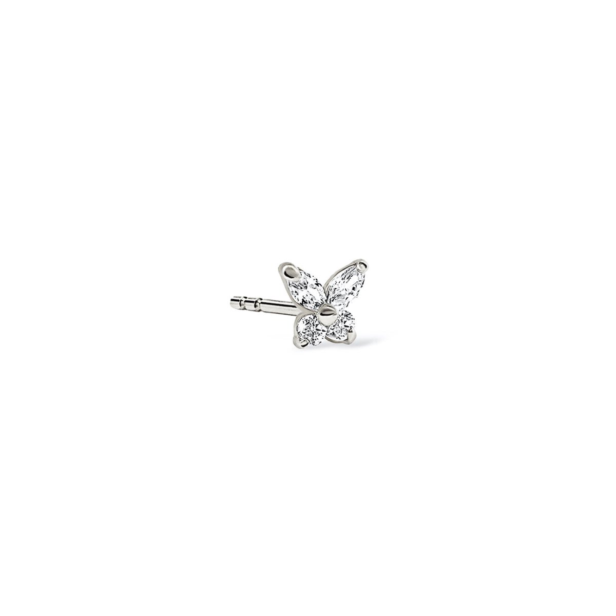 14K white gold butterfly stud with clear marquise stones, on a white background