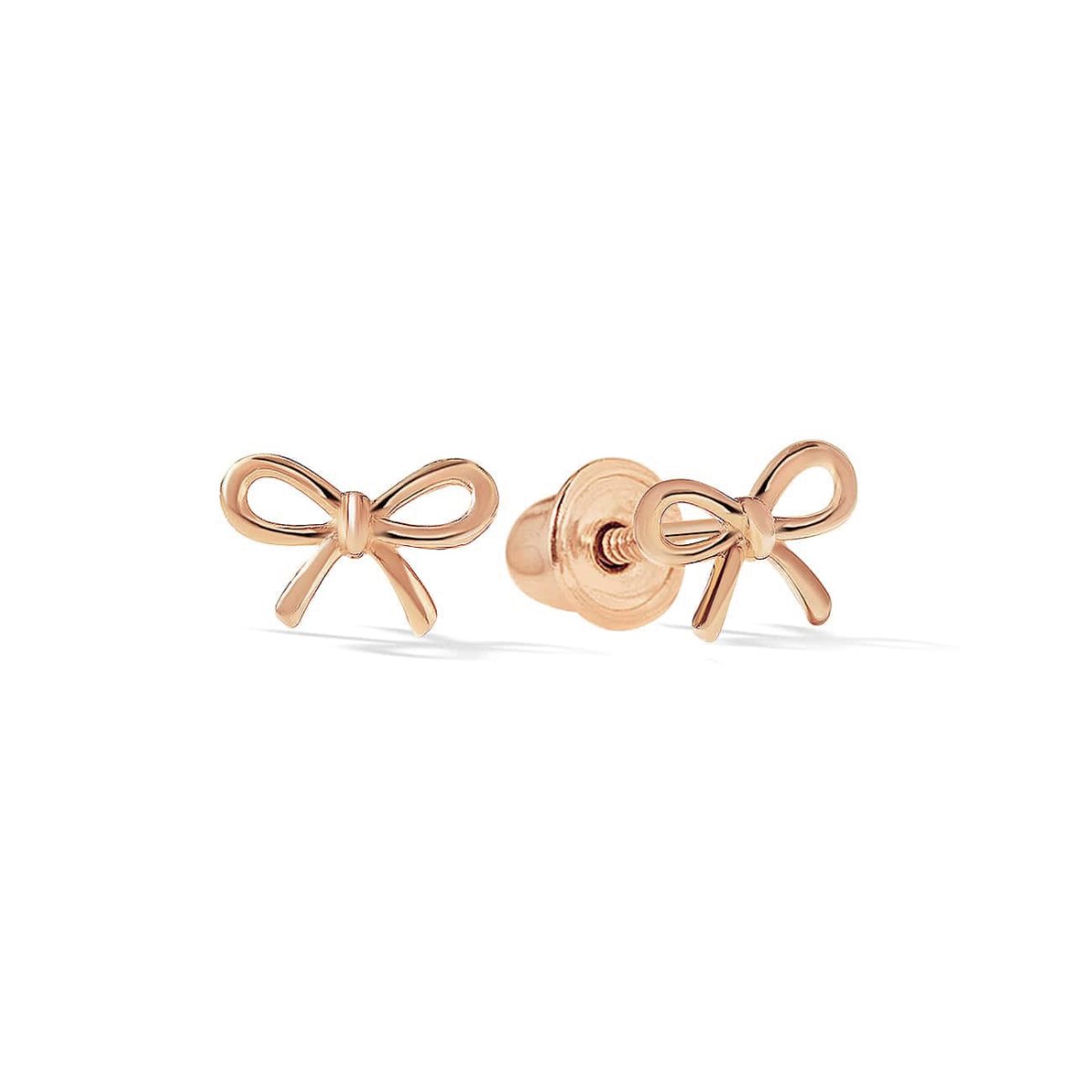 14K rose gold bow stud earrings shaped like ribbon knots, on a white background