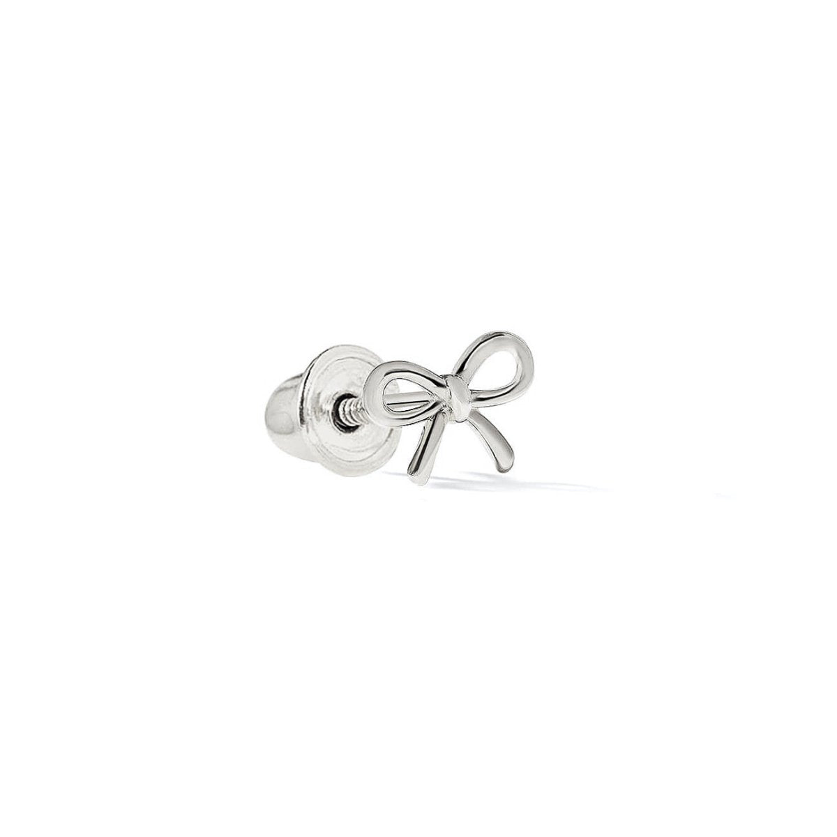 14K white gold tiny bow single stud with a screw back, on a white background