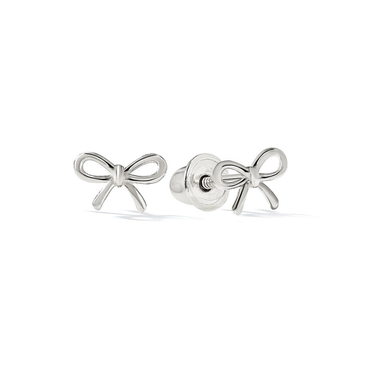 14K white gold bow stud earrings shaped like ribbon knots, on a white background