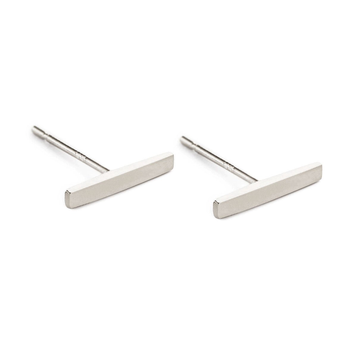14K white gold bar stud earrings with slim polished bars and post backs, on a white background