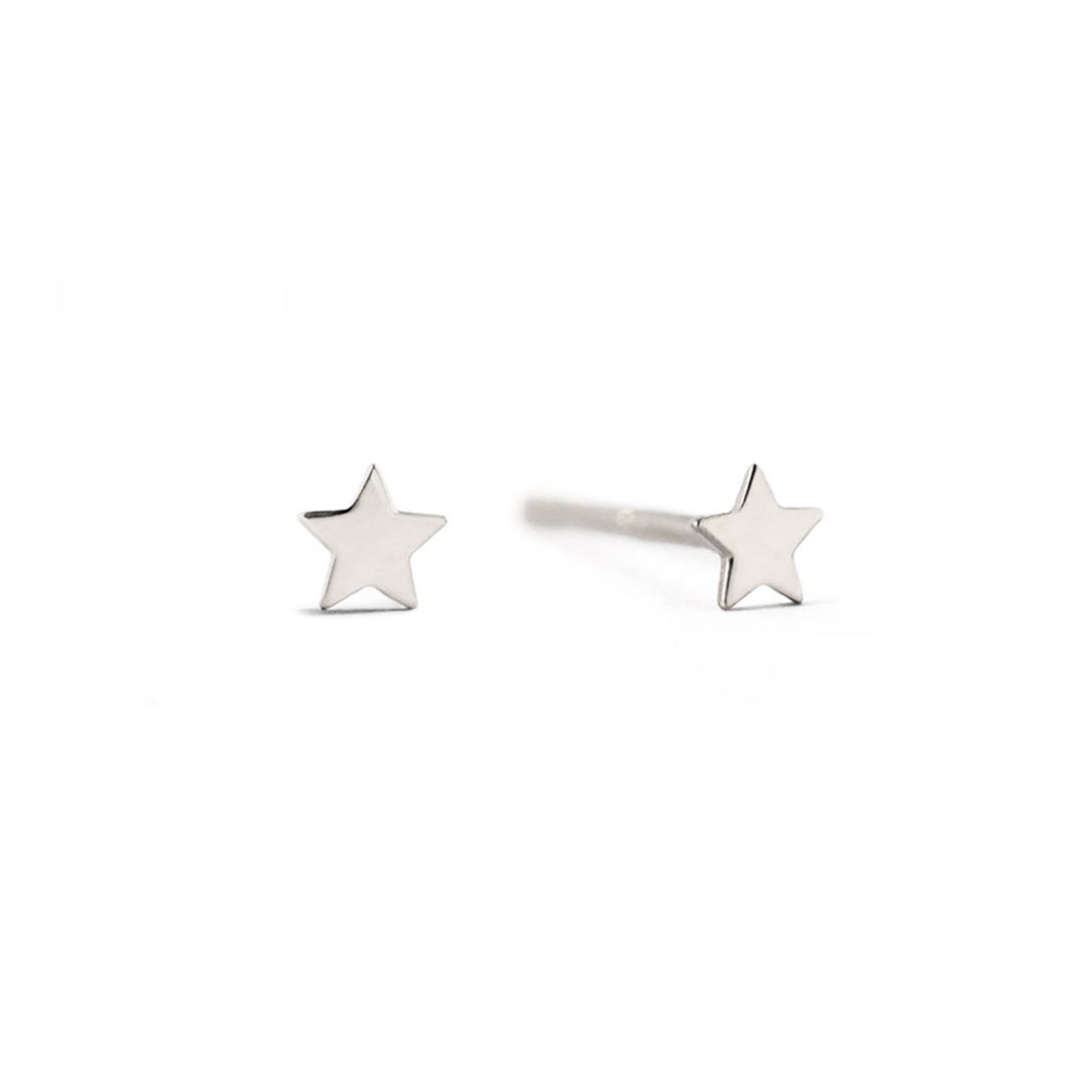 14K white gold tiny star stud earrings with polished flat stars, on a white background