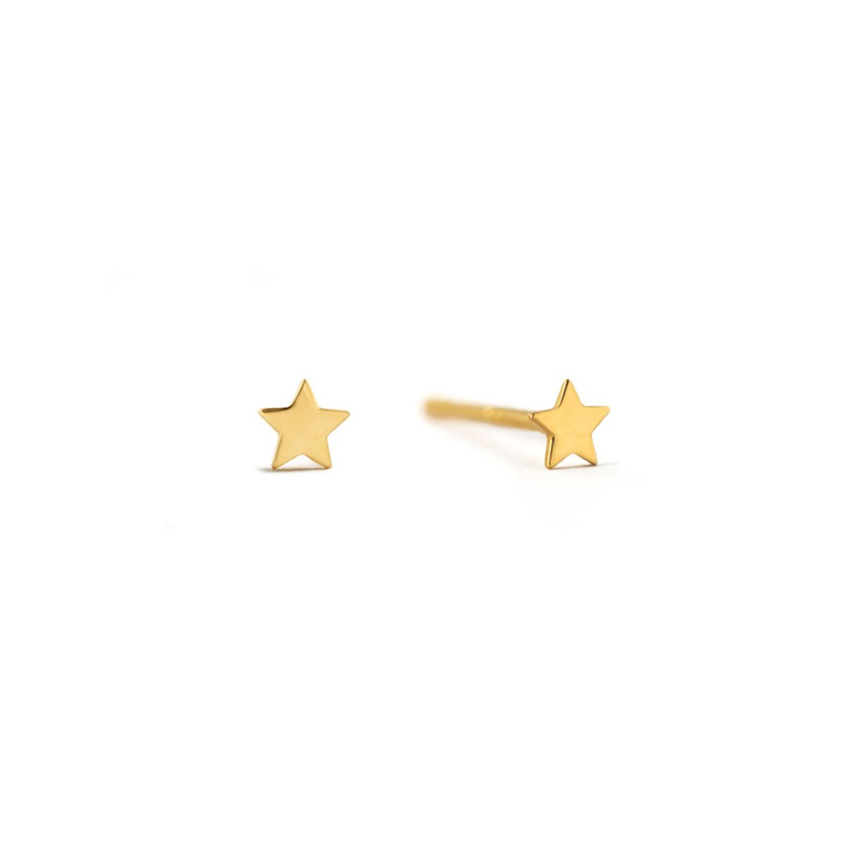 14K gold tiny star stud earrings with polished flat stars, on a white background