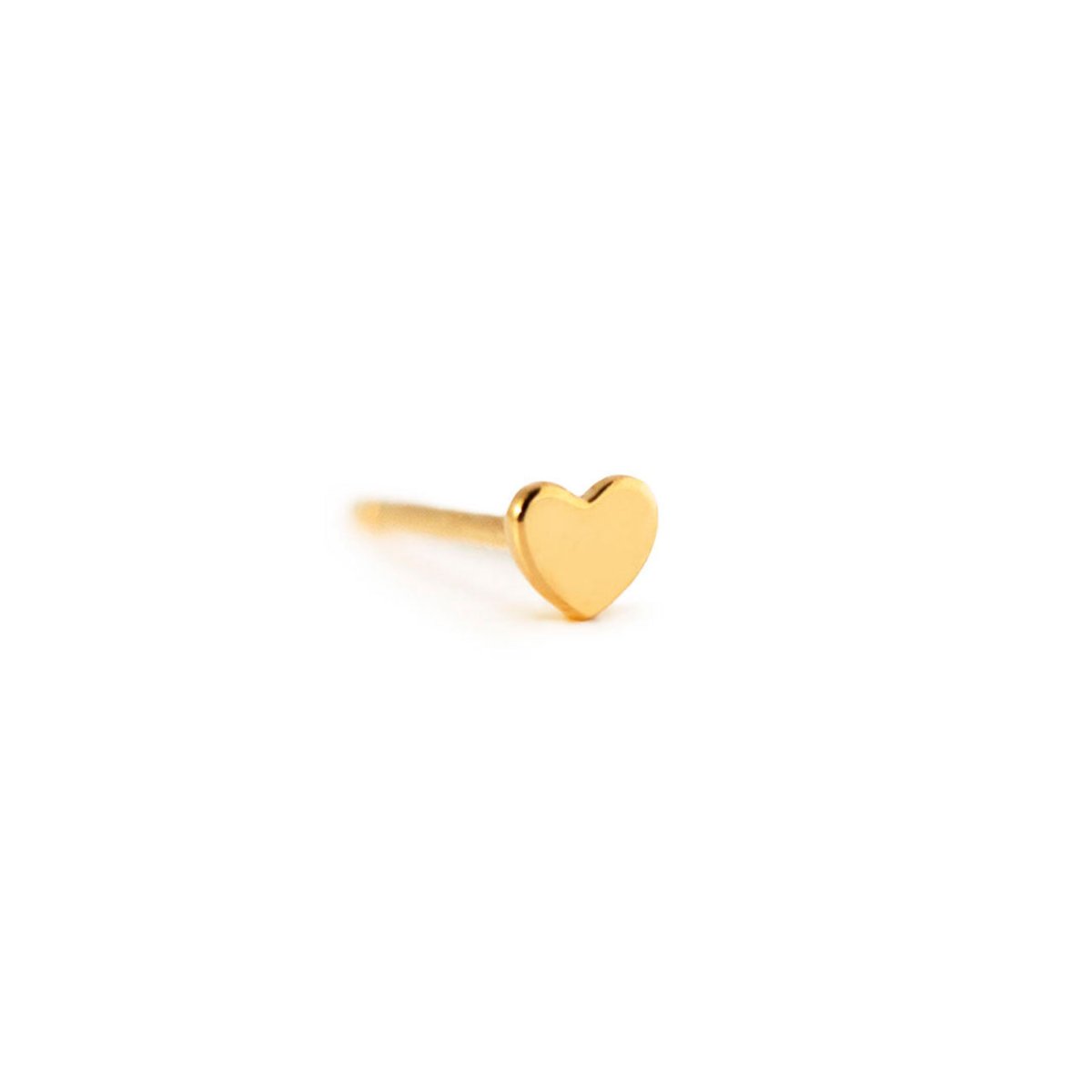 14K gold tiny heart single stud nose stud with a flat heart top, on a white background
