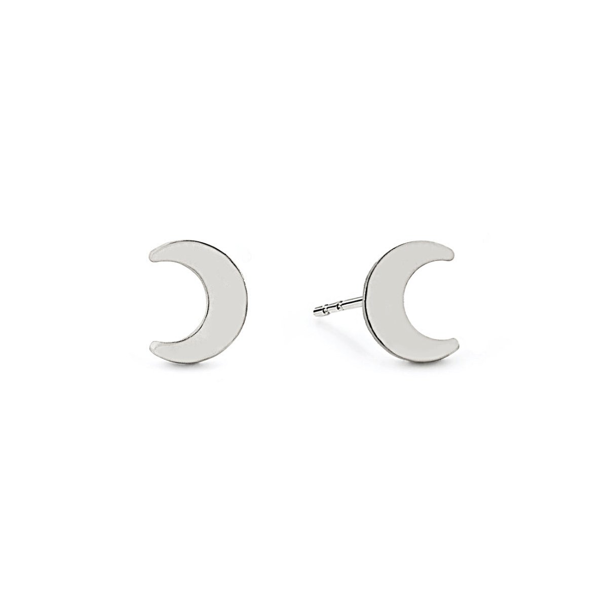 Sterling silver crescent moon studs with a smooth polished finish, on a white background