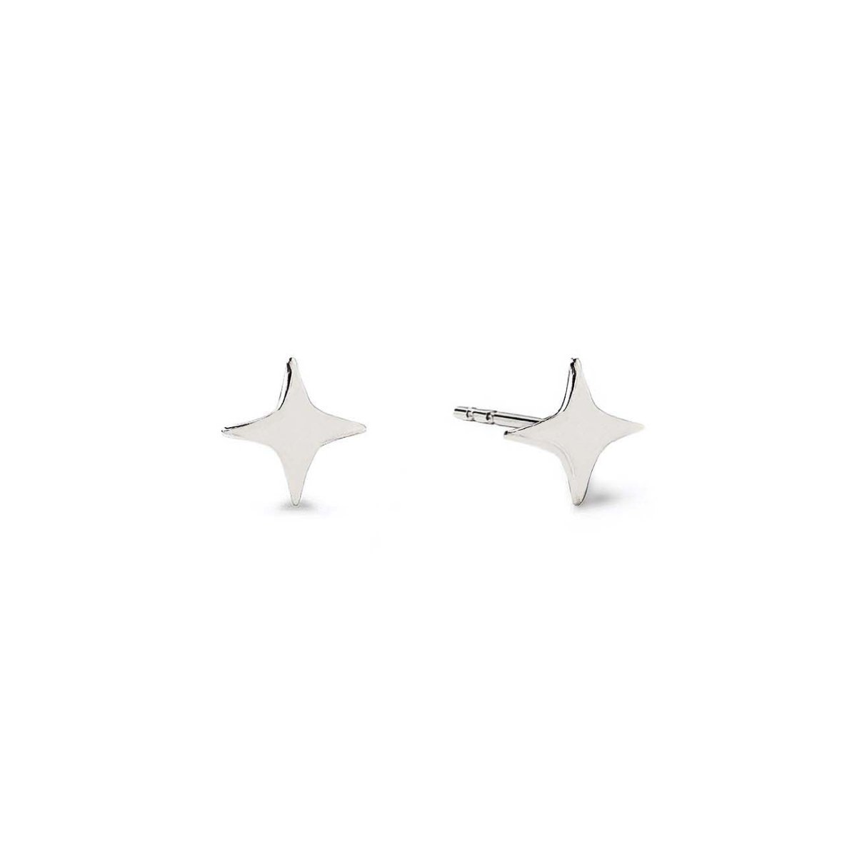 Pair of 14K white gold four-point star studs, front and side view on a white background