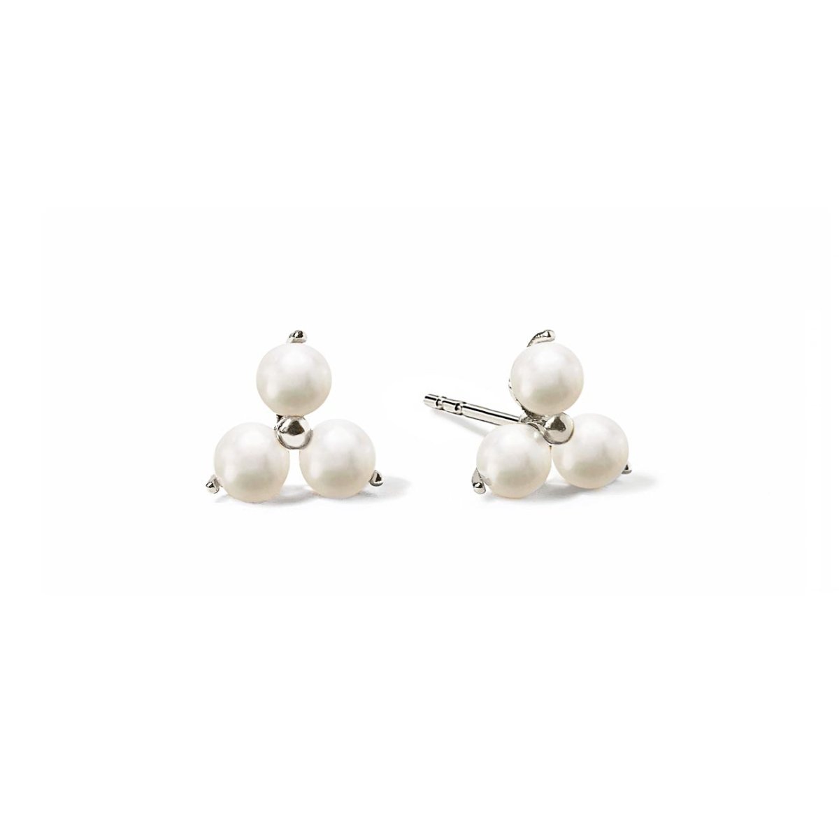14K white gold trinity studs of three clustered pearls, pair on a white background