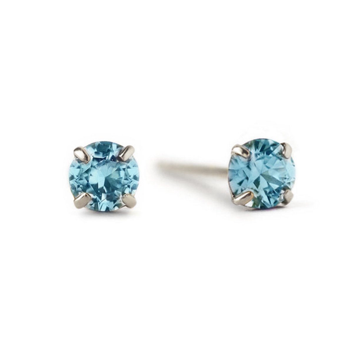 14K white gold blue zircon stud earrings with round aqua-blue stones in prong settings, on a white background