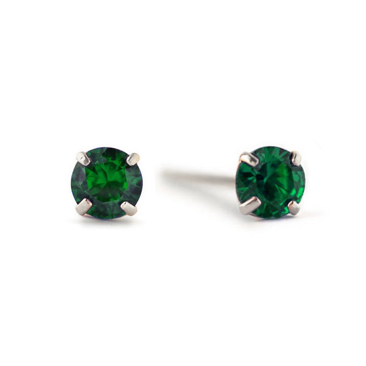 14K white gold emerald studs with round green stones in four-prong settings, on a white background
