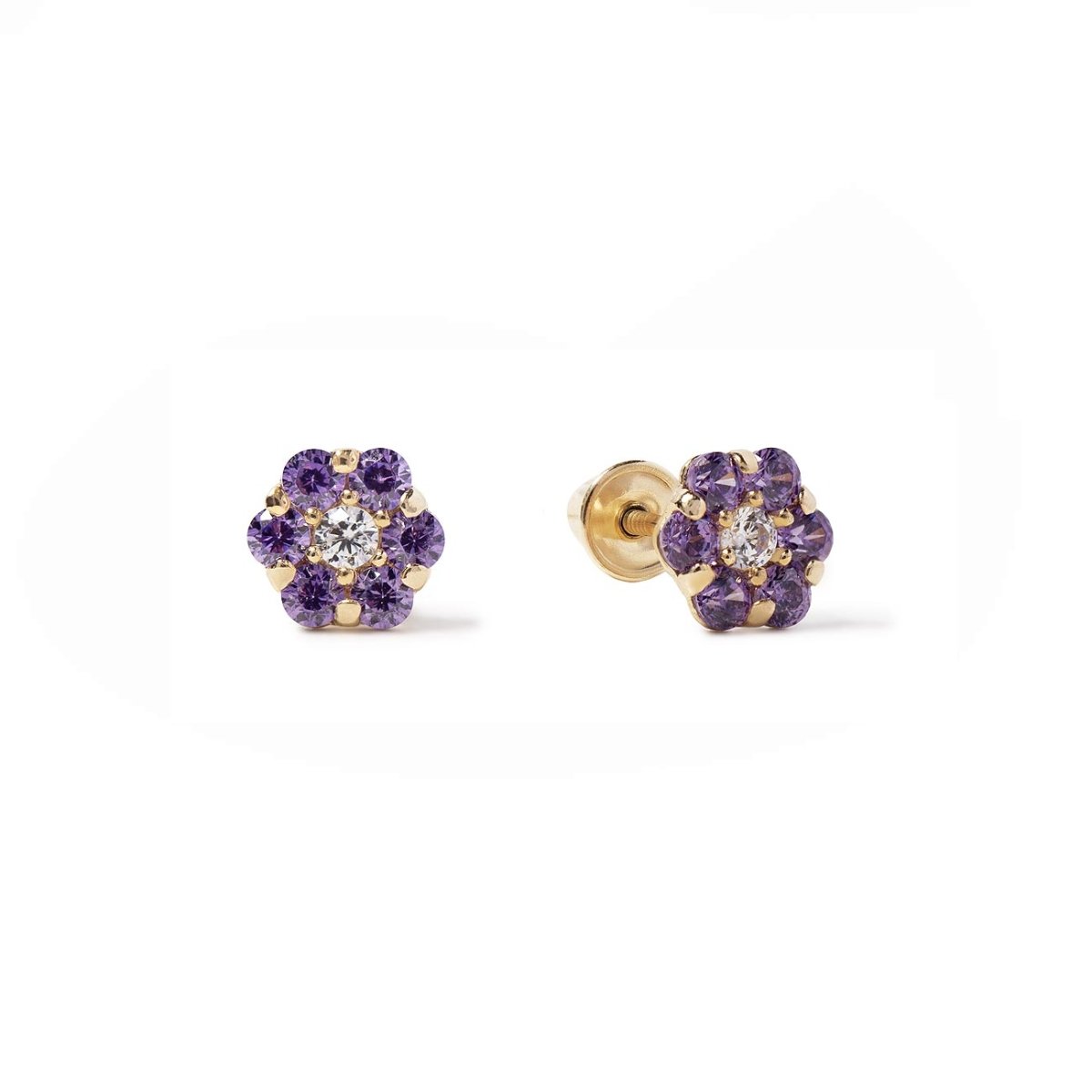 14K gold flower cluster studs with amethyst petals and a clear center stone, on a white background