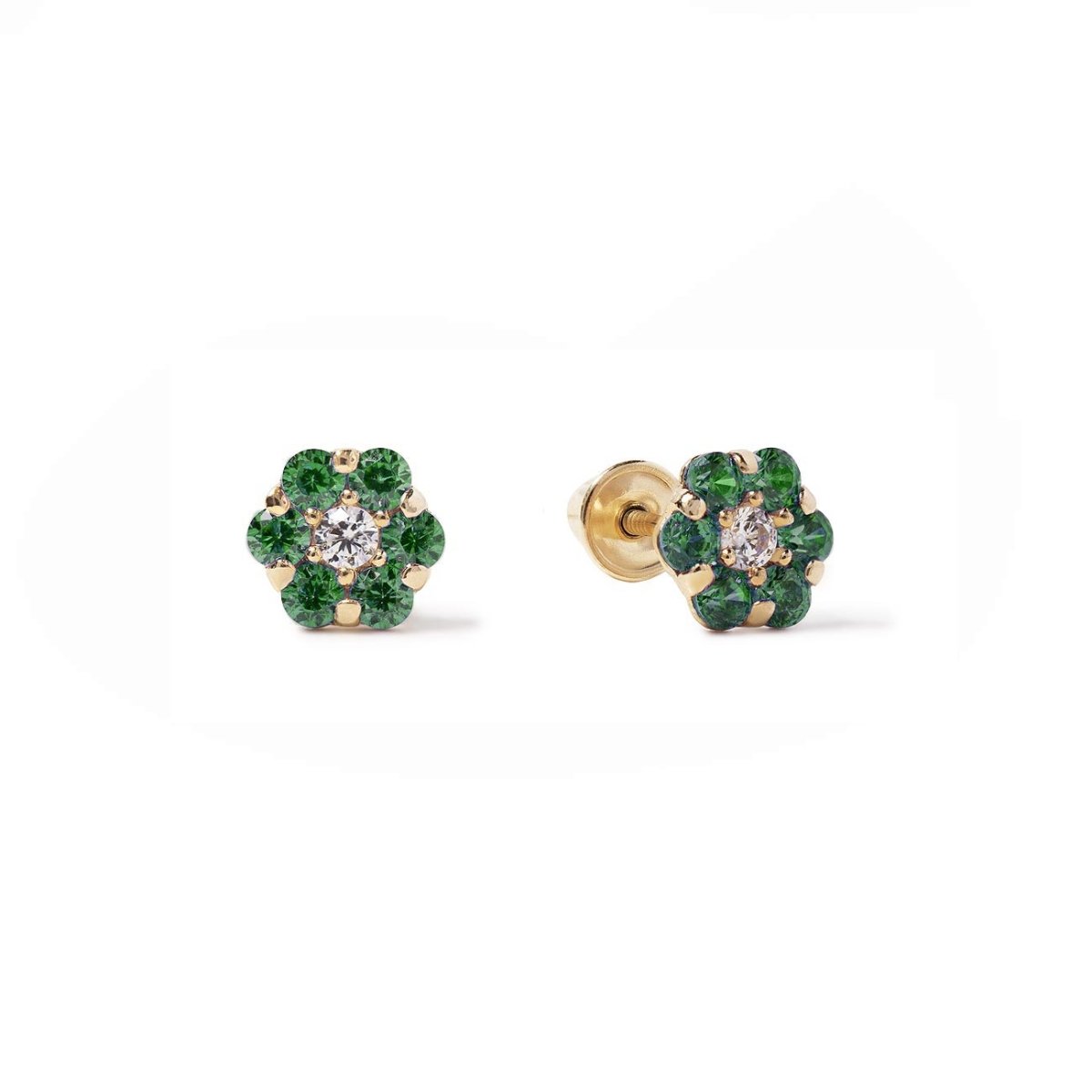 14K gold flower cluster studs with emerald-green petals and a clear center stone, on a white background