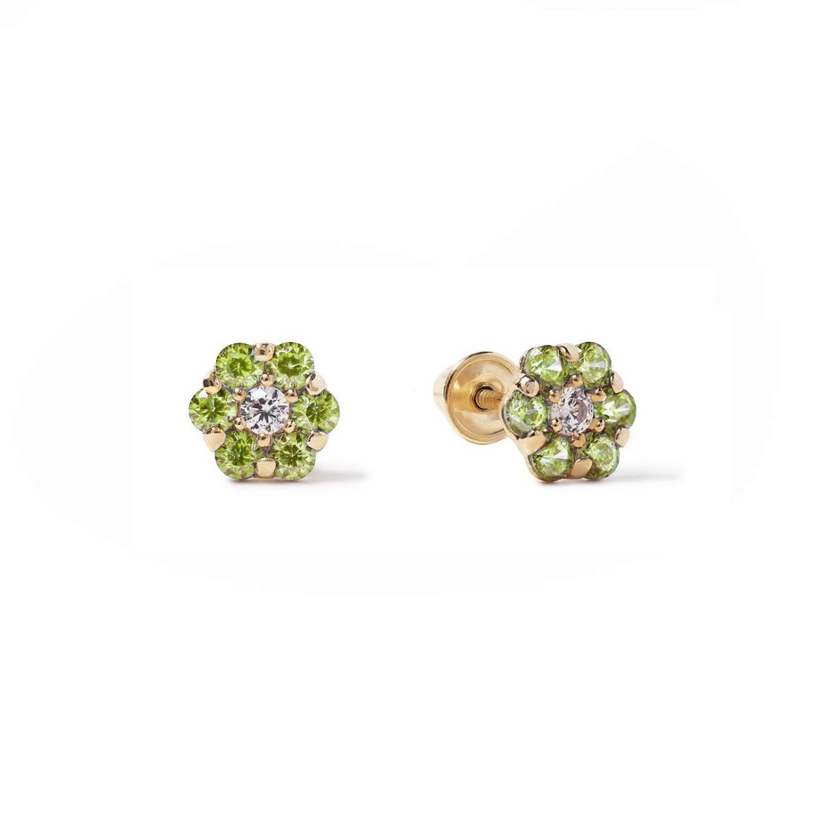 14K gold flower cluster studs with peridot petals and a clear center stone, on a white background