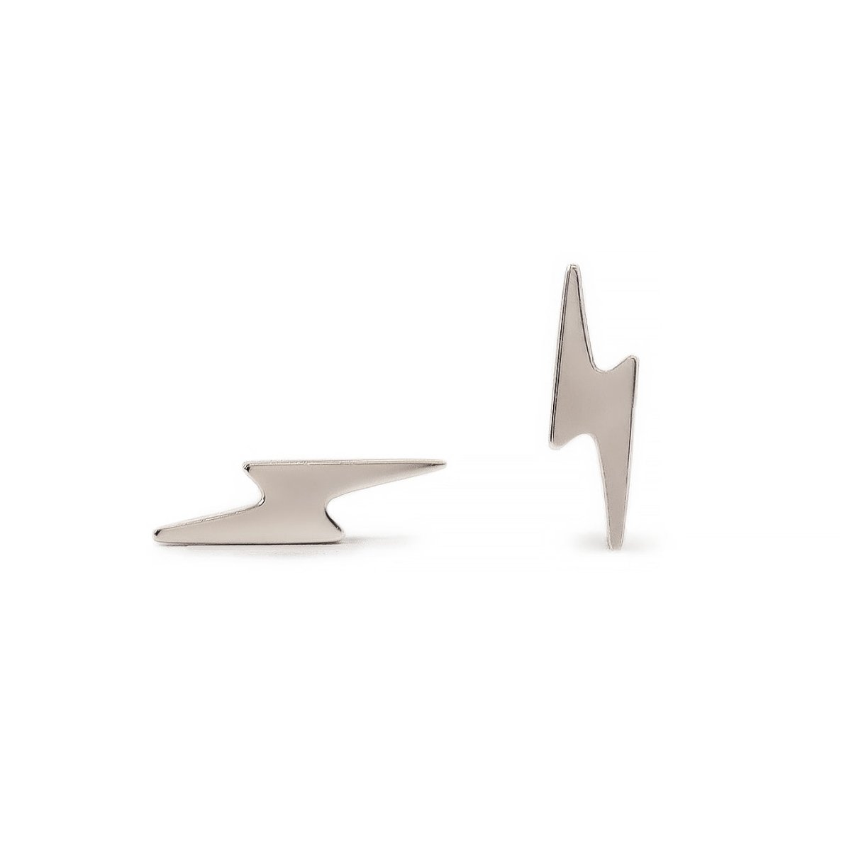 14K white gold solid lightning bolt stud earrings shown front and side profile, on a white background