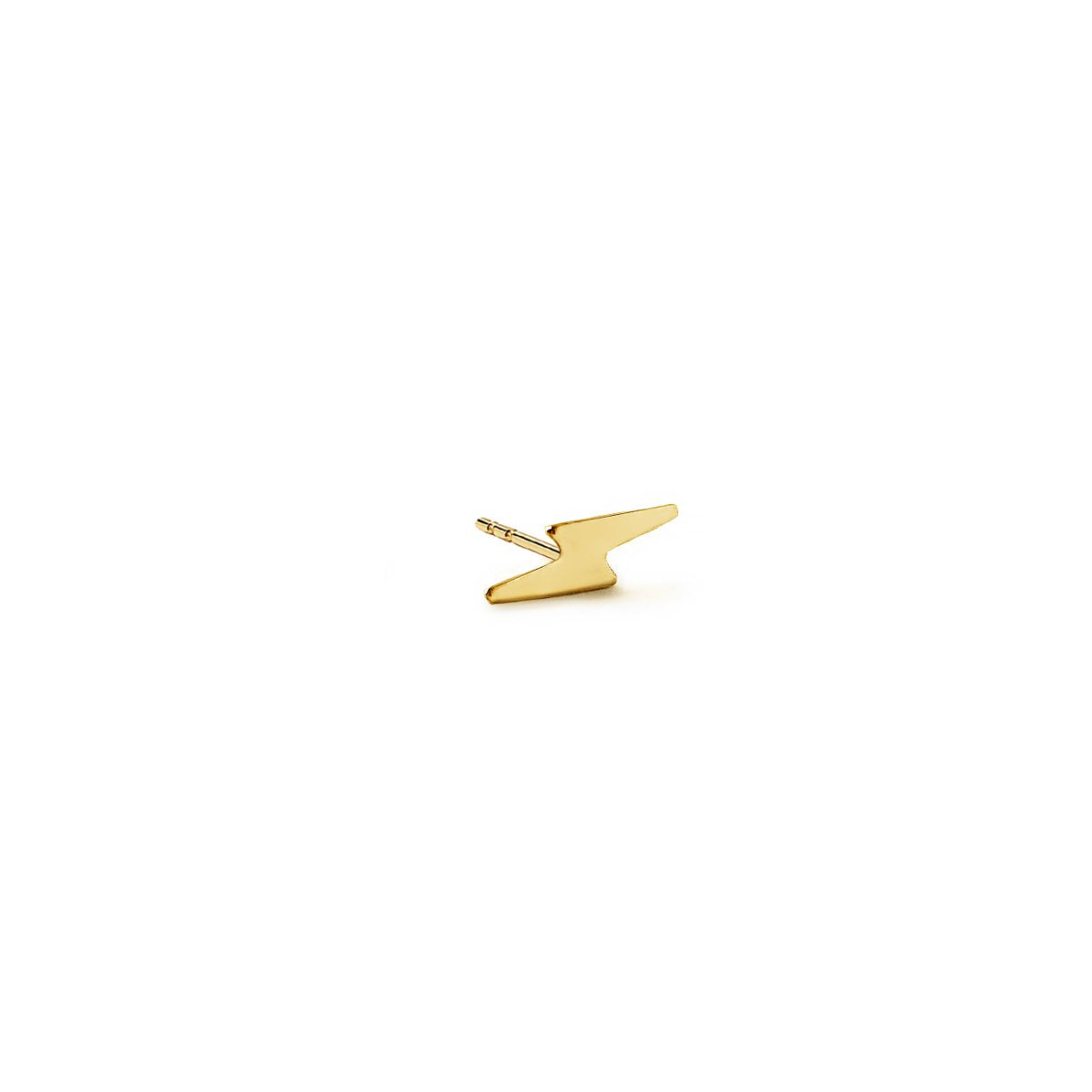14K gold tiny lightning bolt stud earring with a push-back post, on a white background