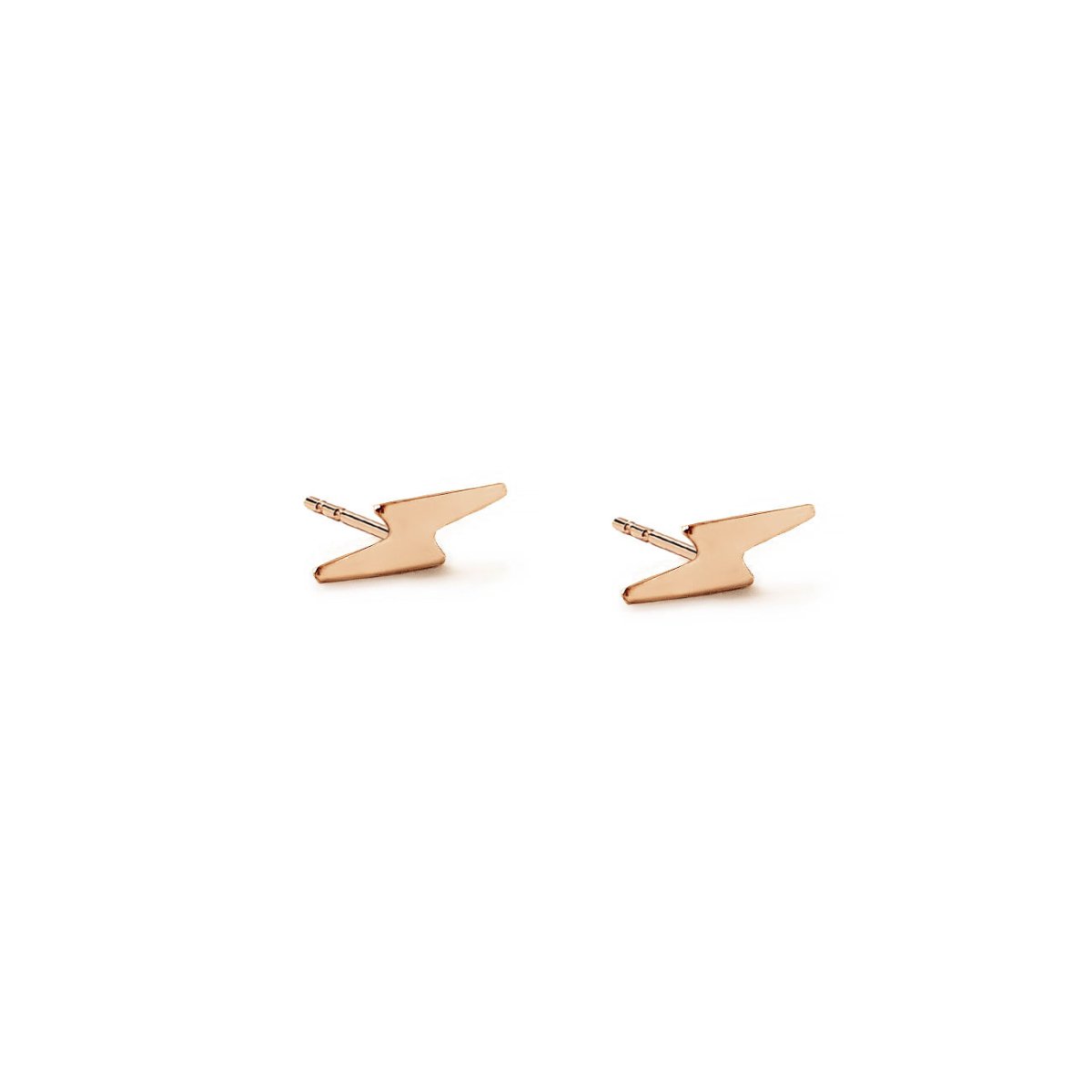 14K rose gold tiny lightning bolt stud earrings shown as a pair, on a white background