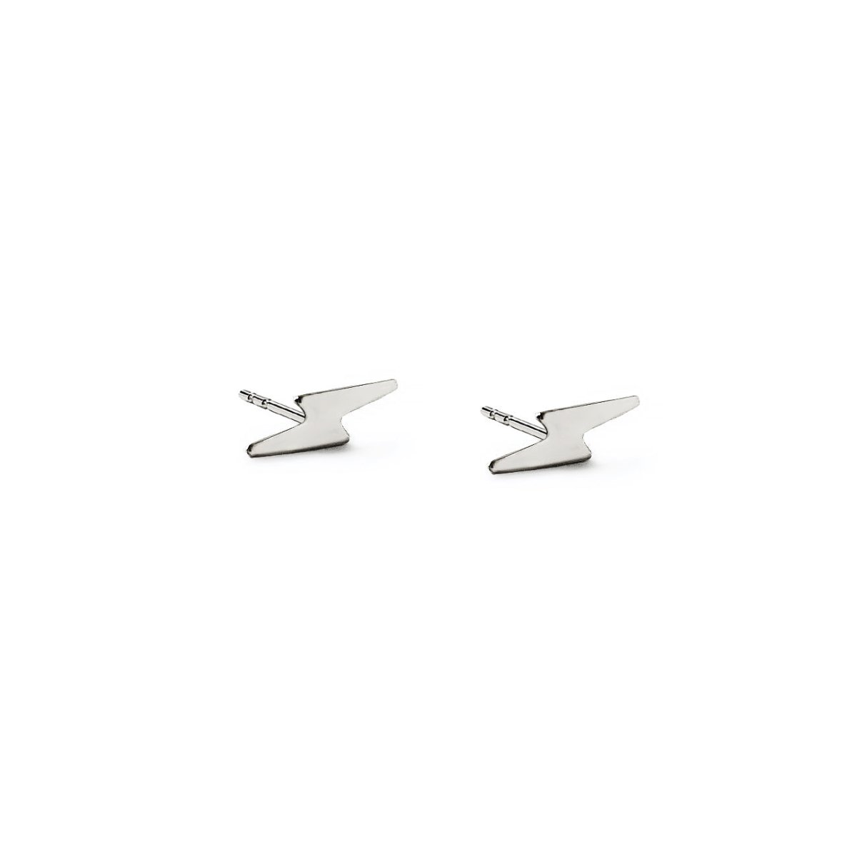 14K white gold tiny lightning bolt stud earrings shown as a pair, on a white background