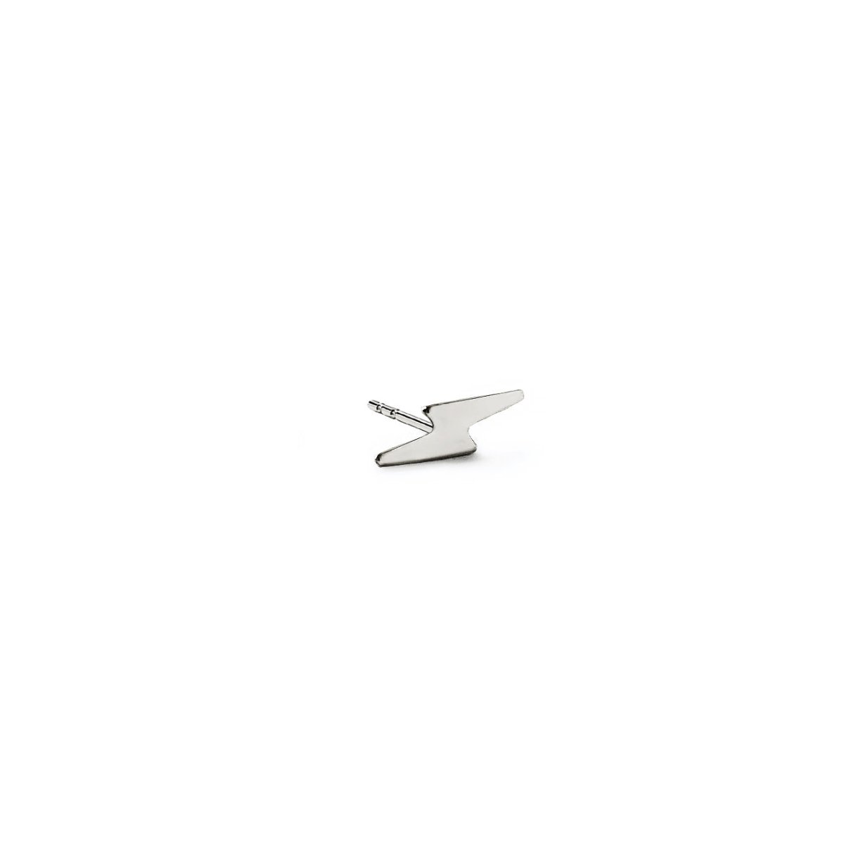 14K white gold tiny lightning bolt stud earring shown at an angle, on a white background
