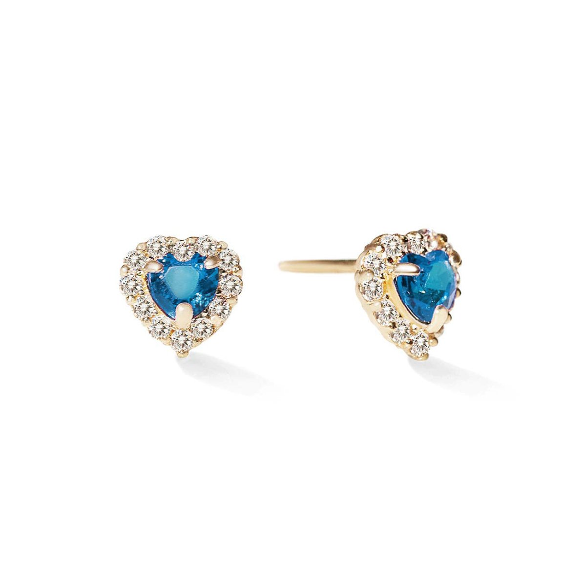 Pair of 14K gold heart-cut blue zircon halo stud earrings with clear stone halo, on a white background