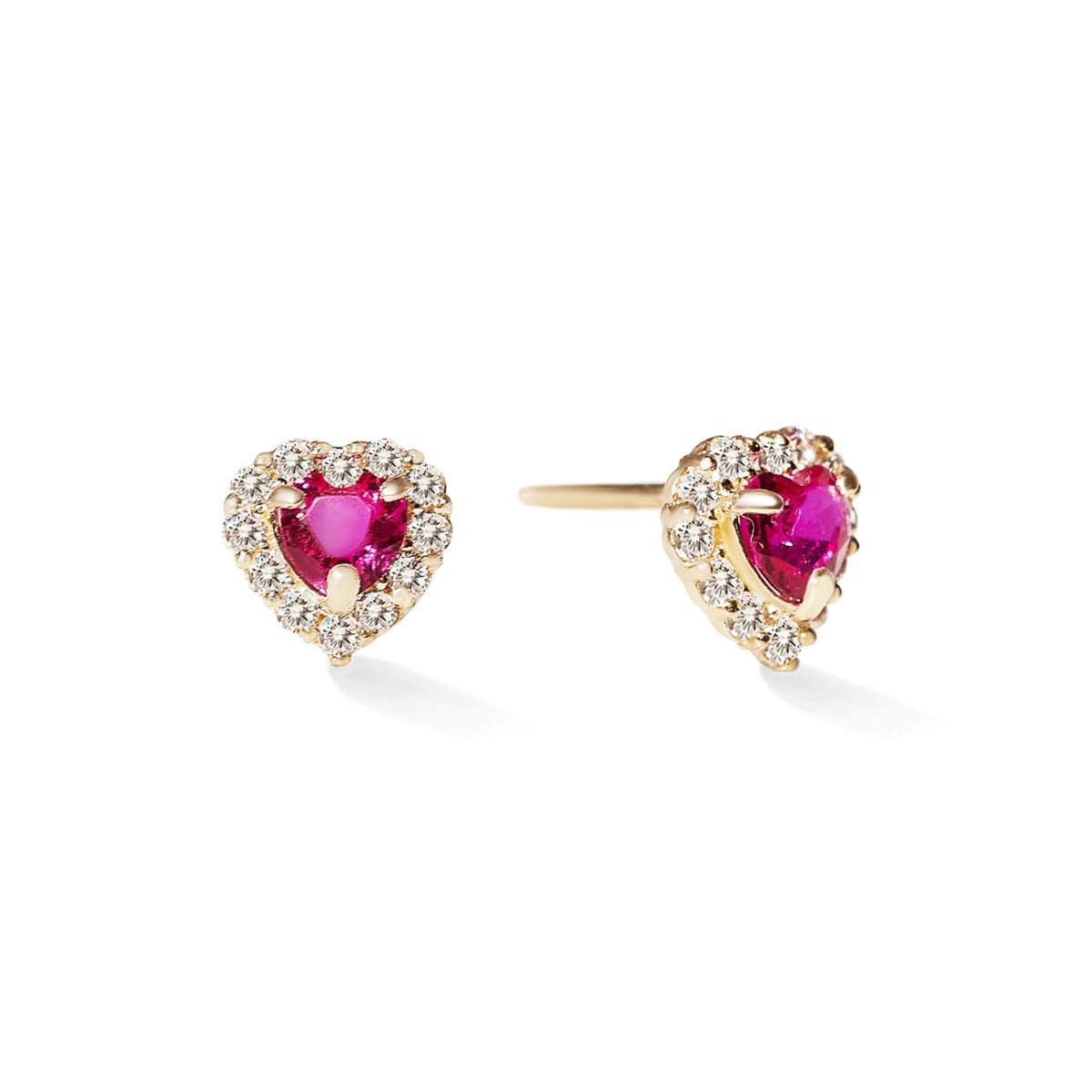 14K gold heart halo studs with deep pink ruby heart centers framed by clear pavé stones, on a white background
