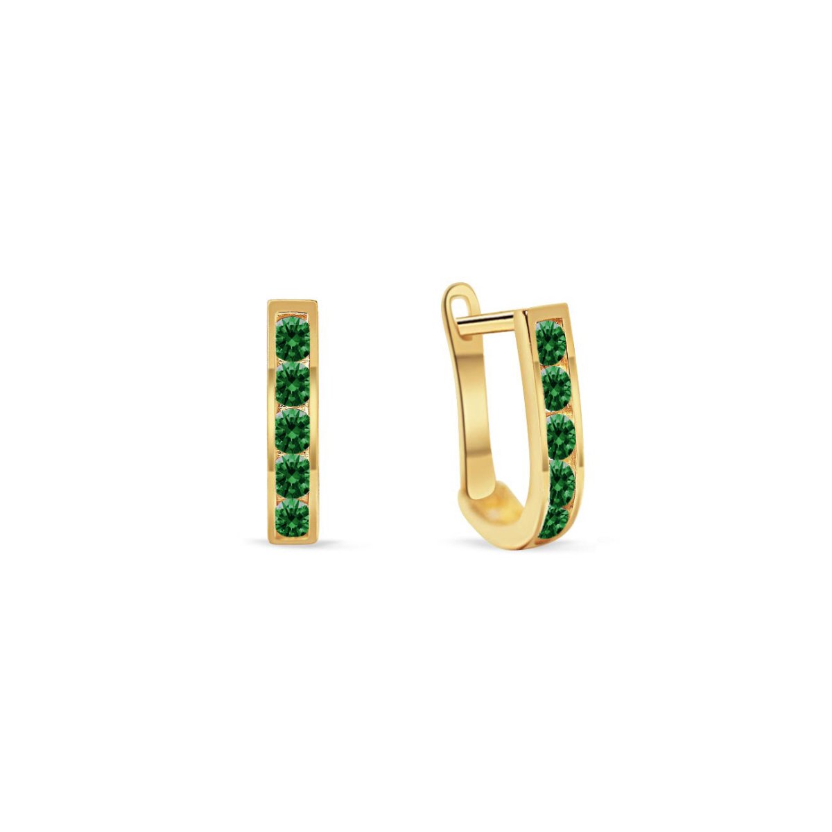 14K gold U-shaped emerald huggie hoops with channel-set green stones, on a white background