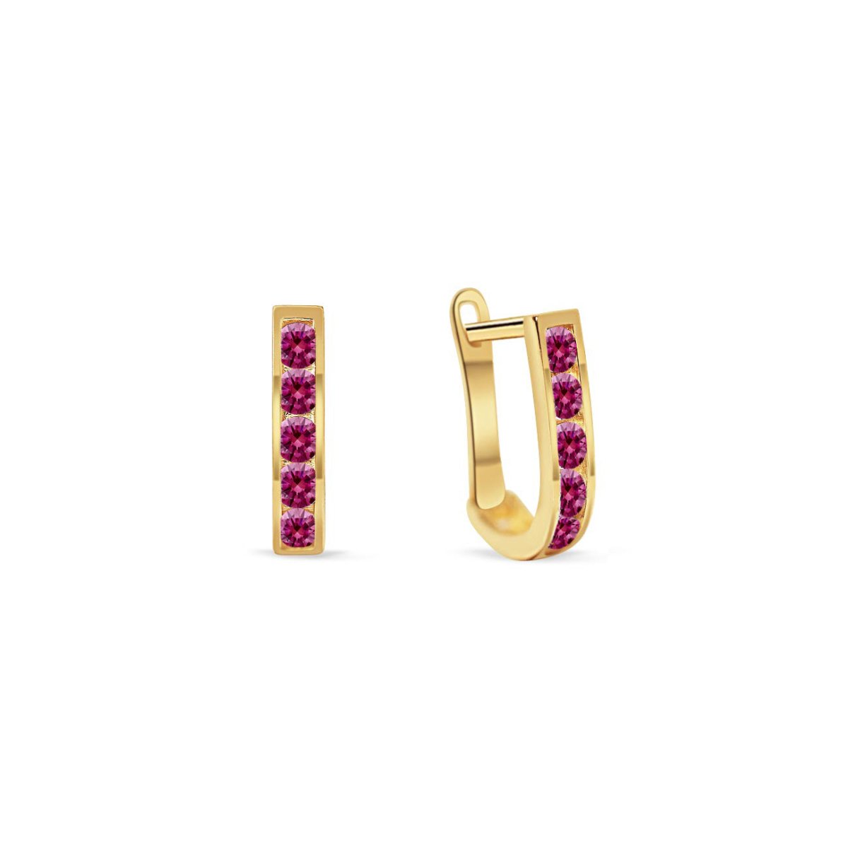 14K gold U-shaped huggie hoops channel-set with red ruby stones, on a white background