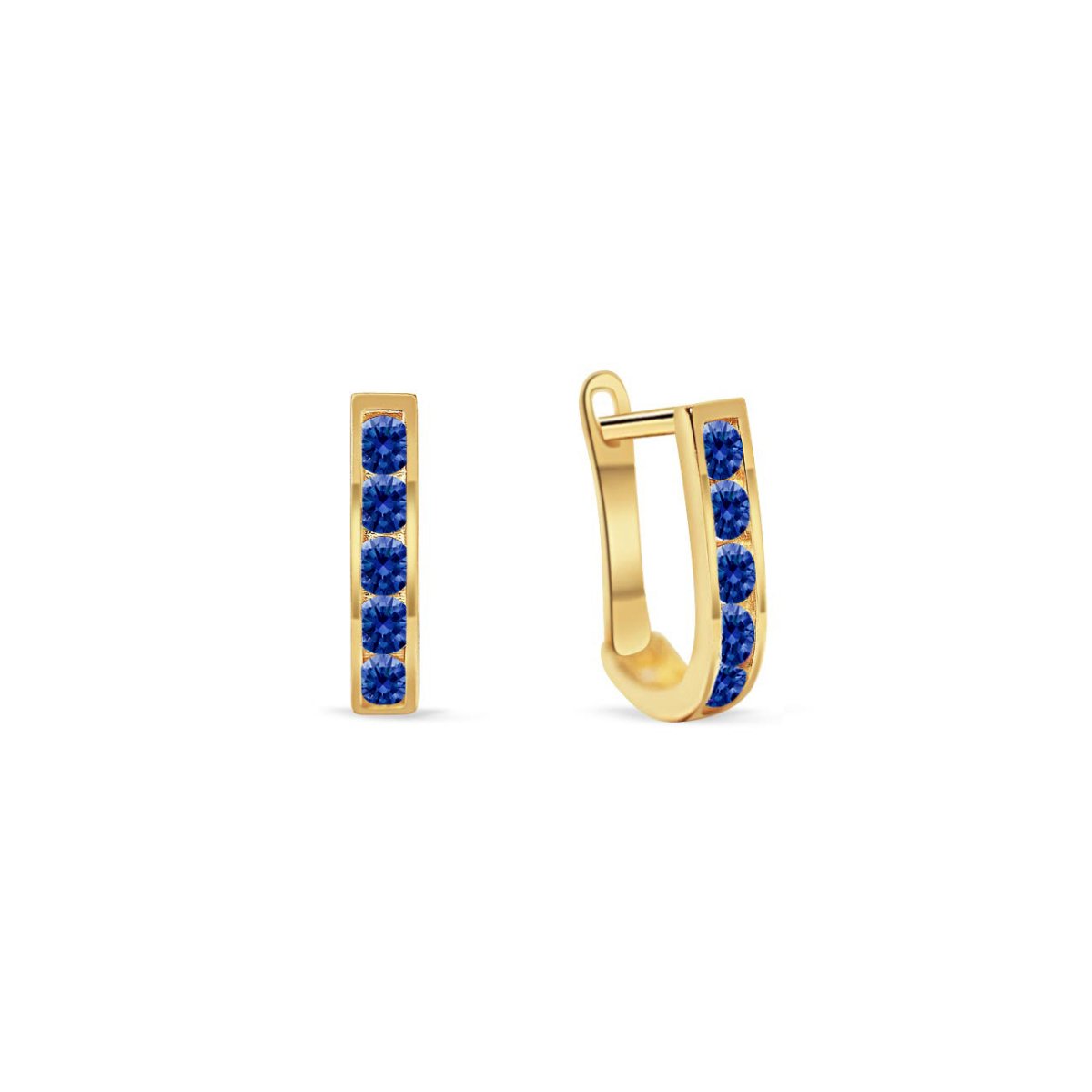14K gold U-shaped huggie hoops channel-set with deep blue sapphire stones, on a white background