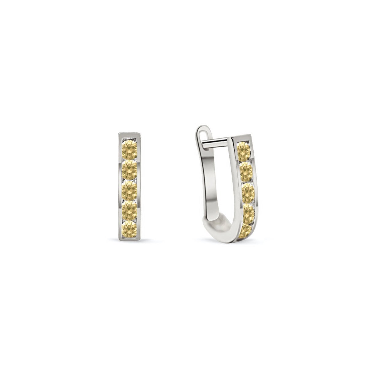 14K white gold U-shaped citrine huggie hoops with channel-set yellow stones, on a white background