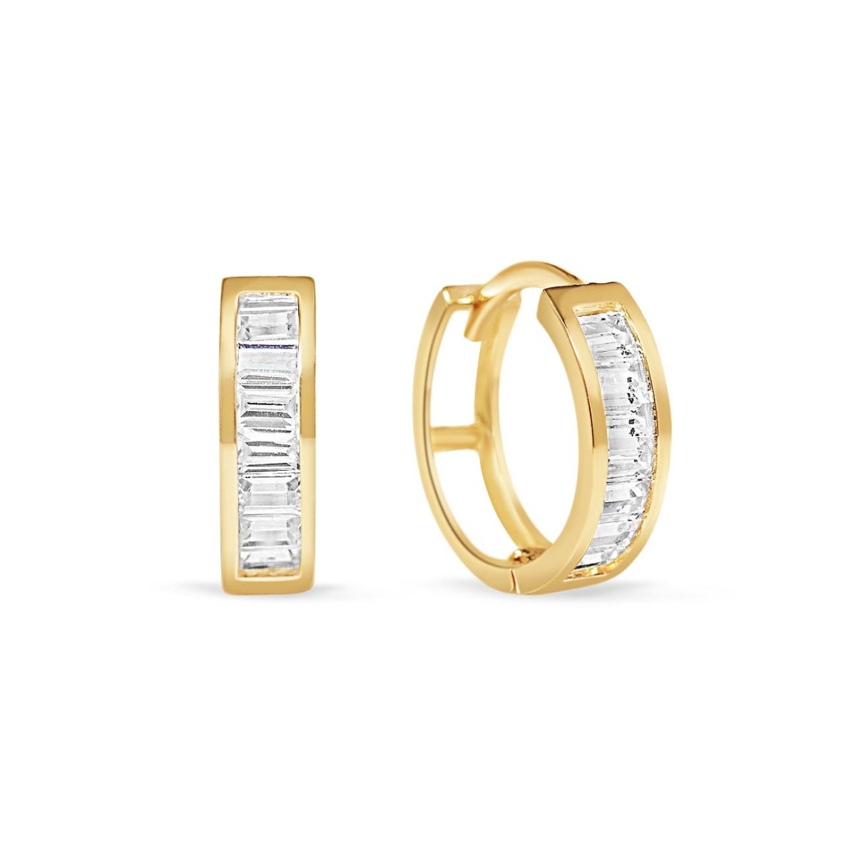 Pair of 14K gold huggie hoops with channel-set clear baguette stones, on a white background