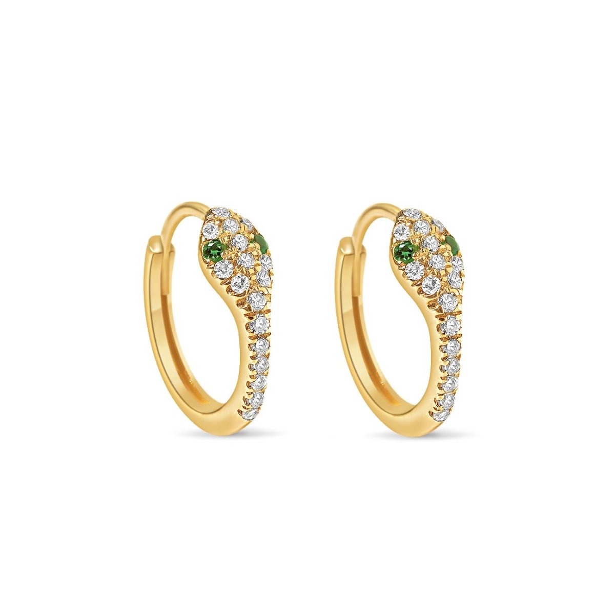 Gold vermeil pavé snake huggie hoops with clear stones, shown as a pair on a white background
