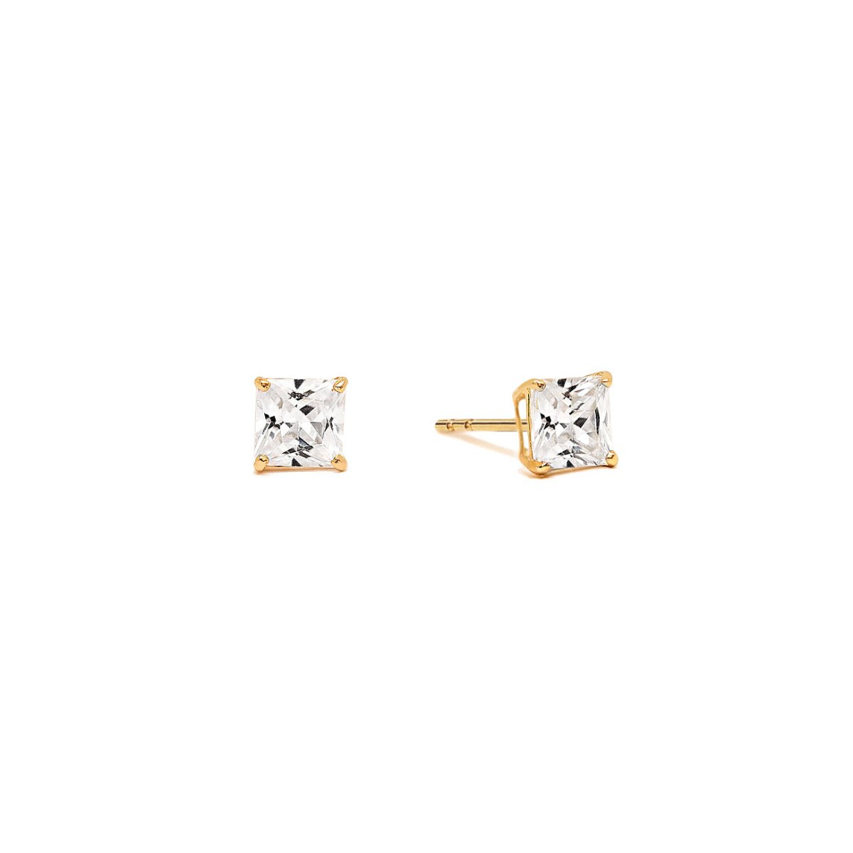 Gold vermeil princess-cut studs with square clear stones in four-prong settings, on a white background
