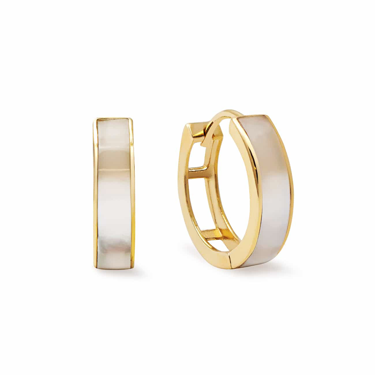 14K gold mother of pearl huggie hoops with a white inlay, side and front view on a white background