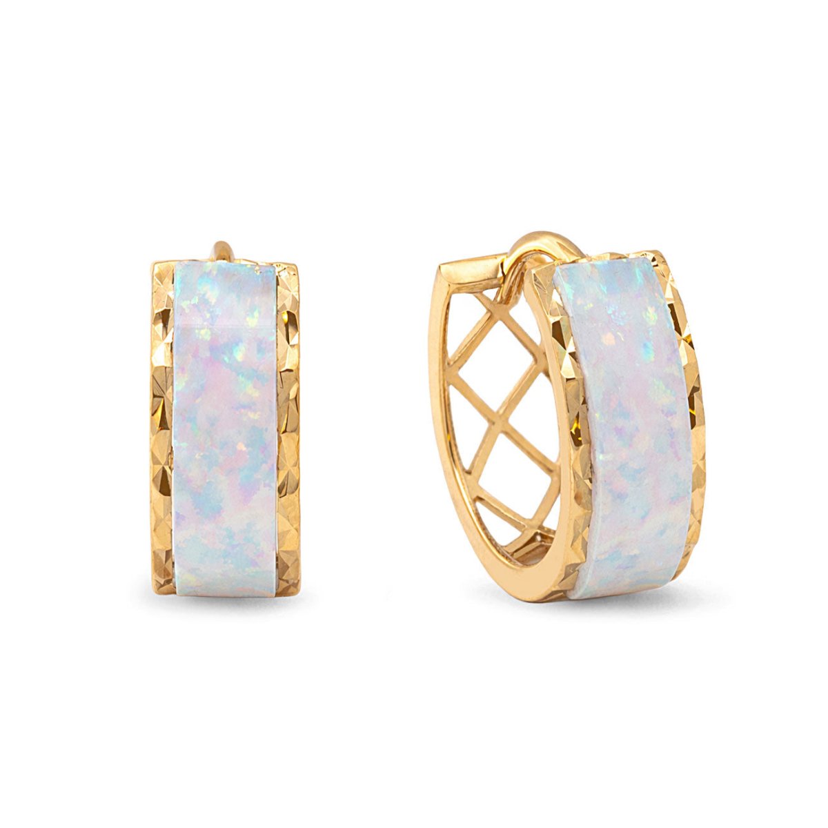 14K gold chunky huggie hoops inlaid with white opal, front and side views on a white background