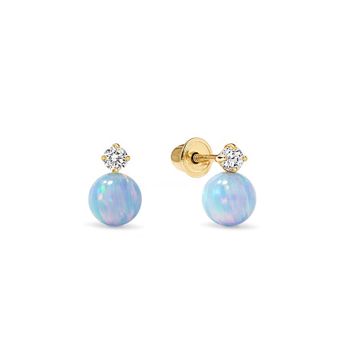 14K gold light blue opal ball studs each topped with a clear accent stone, on a white background
