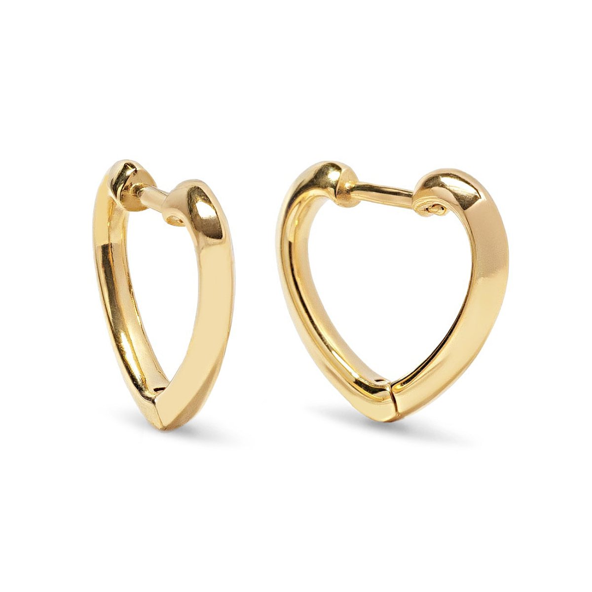 14K gold mini heart-shaped huggie hoop earrings with a hinged closure, on a white background