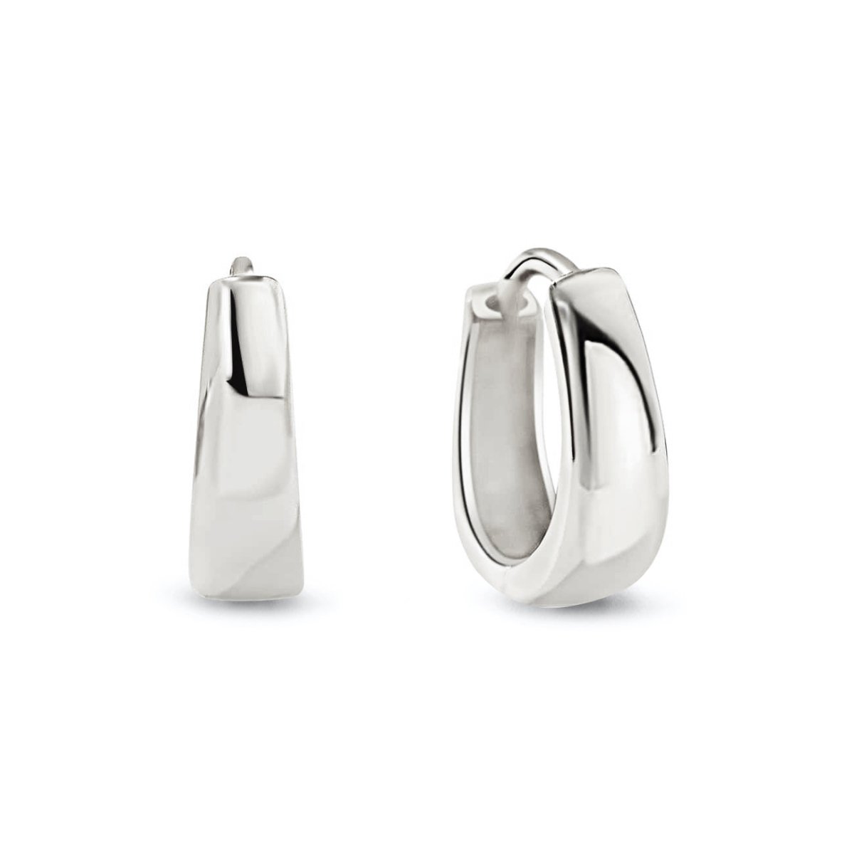 Sterling silver tapered teardrop huggie hoops with a hinged closure, on a white background