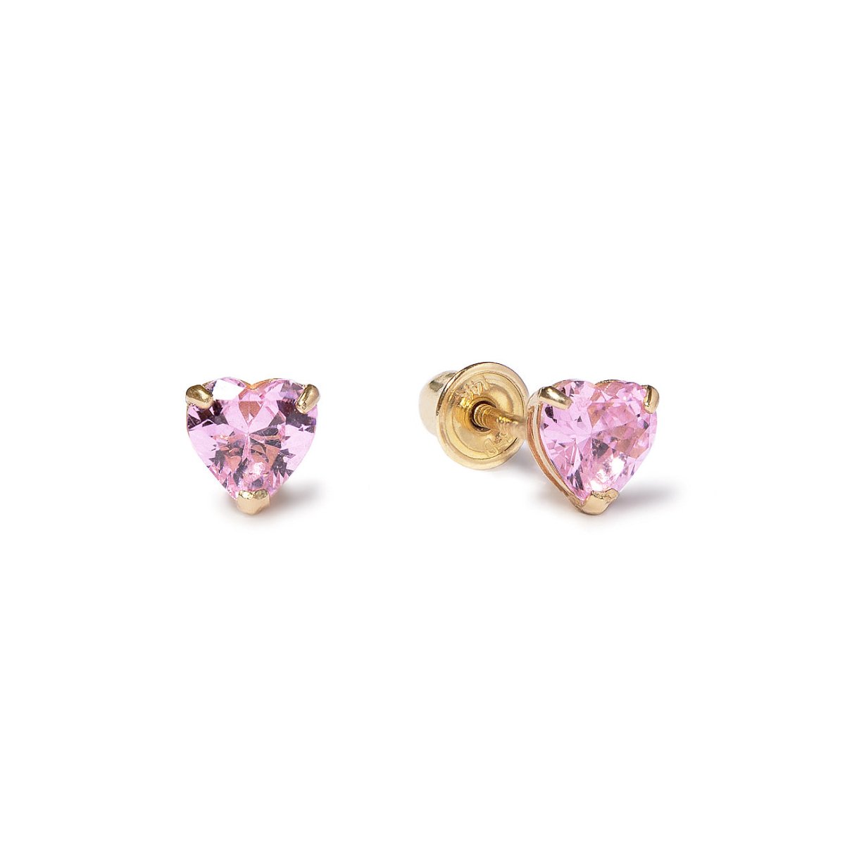 14K gold heart-cut pink sapphire studs with pink stones in claw settings, shown with screw backs, on a white background