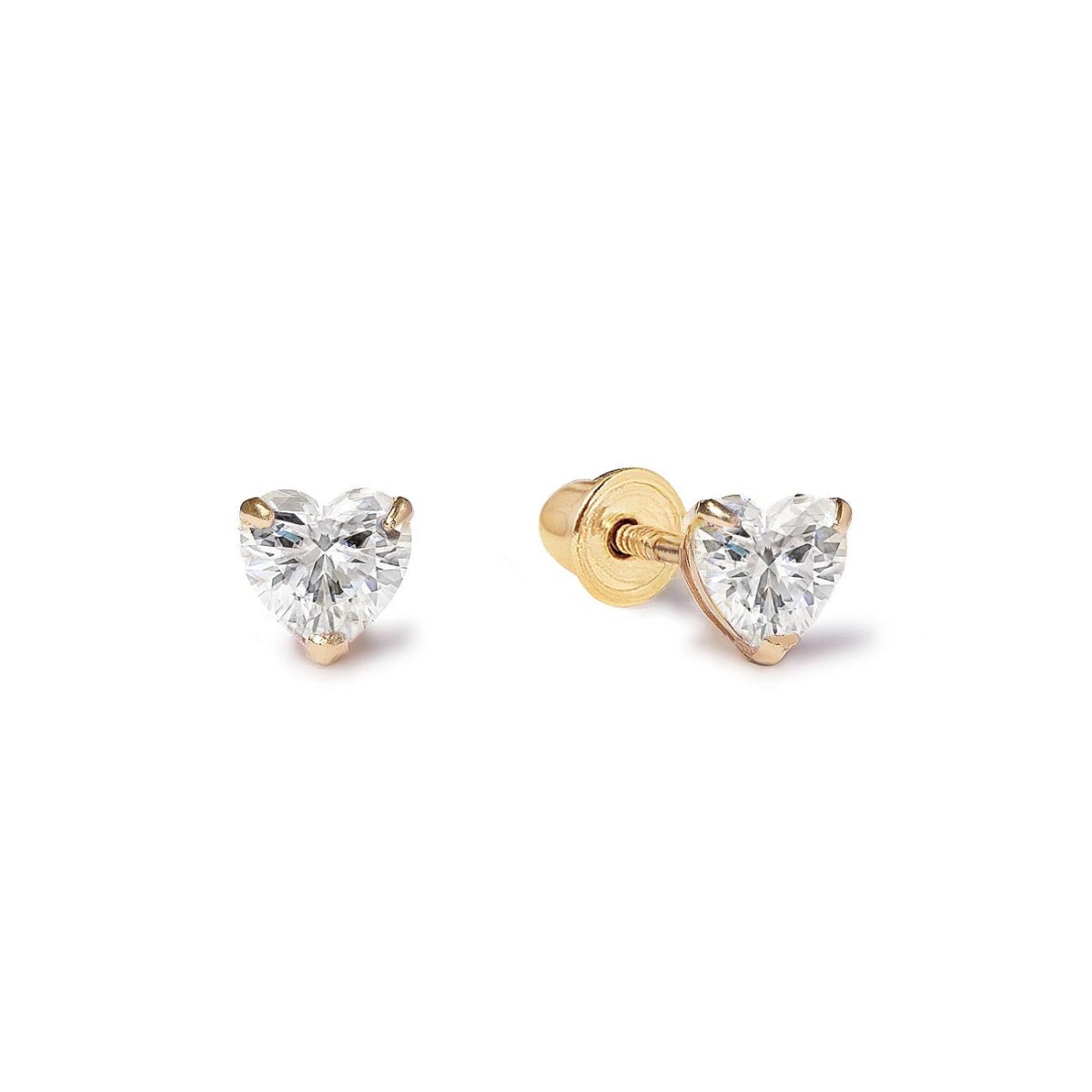 Pair of 14K gold heart-cut white zirconia stud earrings with screw backs, on a white background