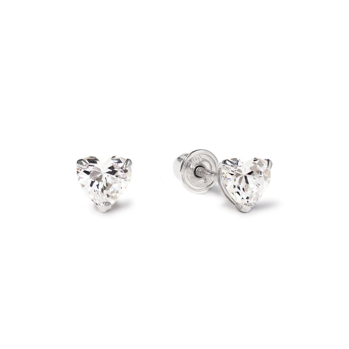 Pair of 14K white gold heart-cut white zirconia stud earrings with screw backs, on a white background