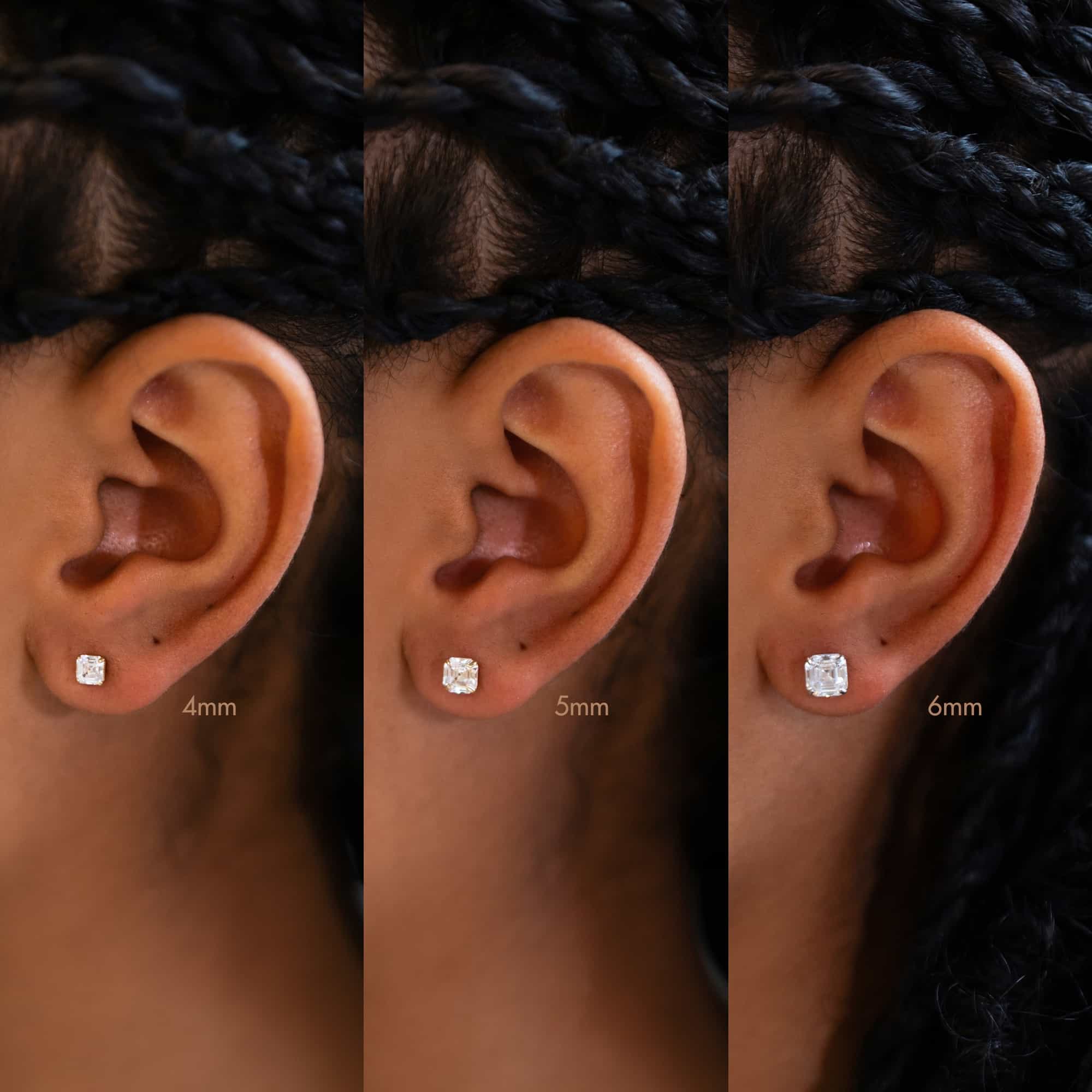 14K gold Asscher-cut white zirconia studs shown on a model's lobe in 4mm, 5mm and 6mm sizes