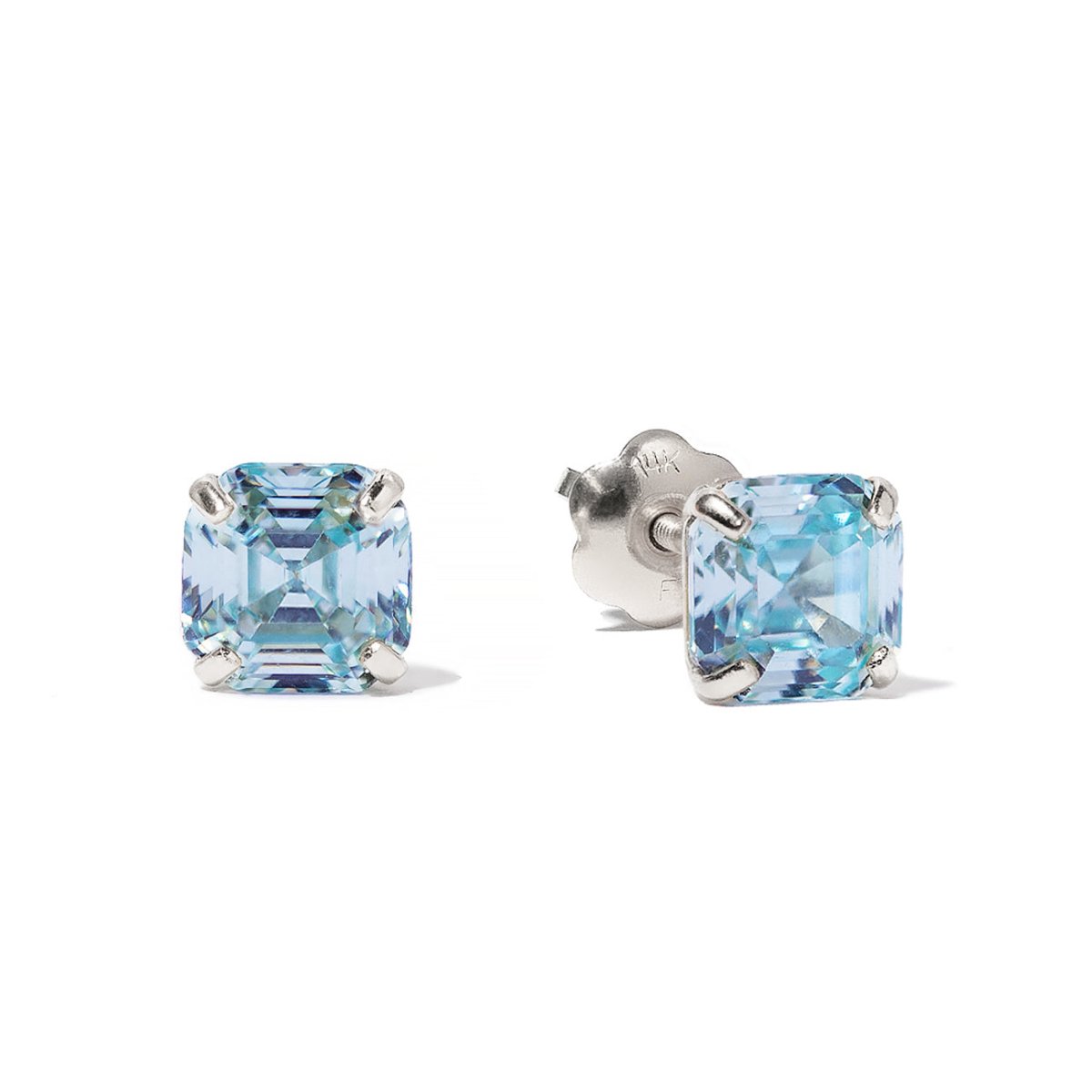 14K white gold Asscher-cut aquamarine studs with light blue stones, shown front and back on a white background